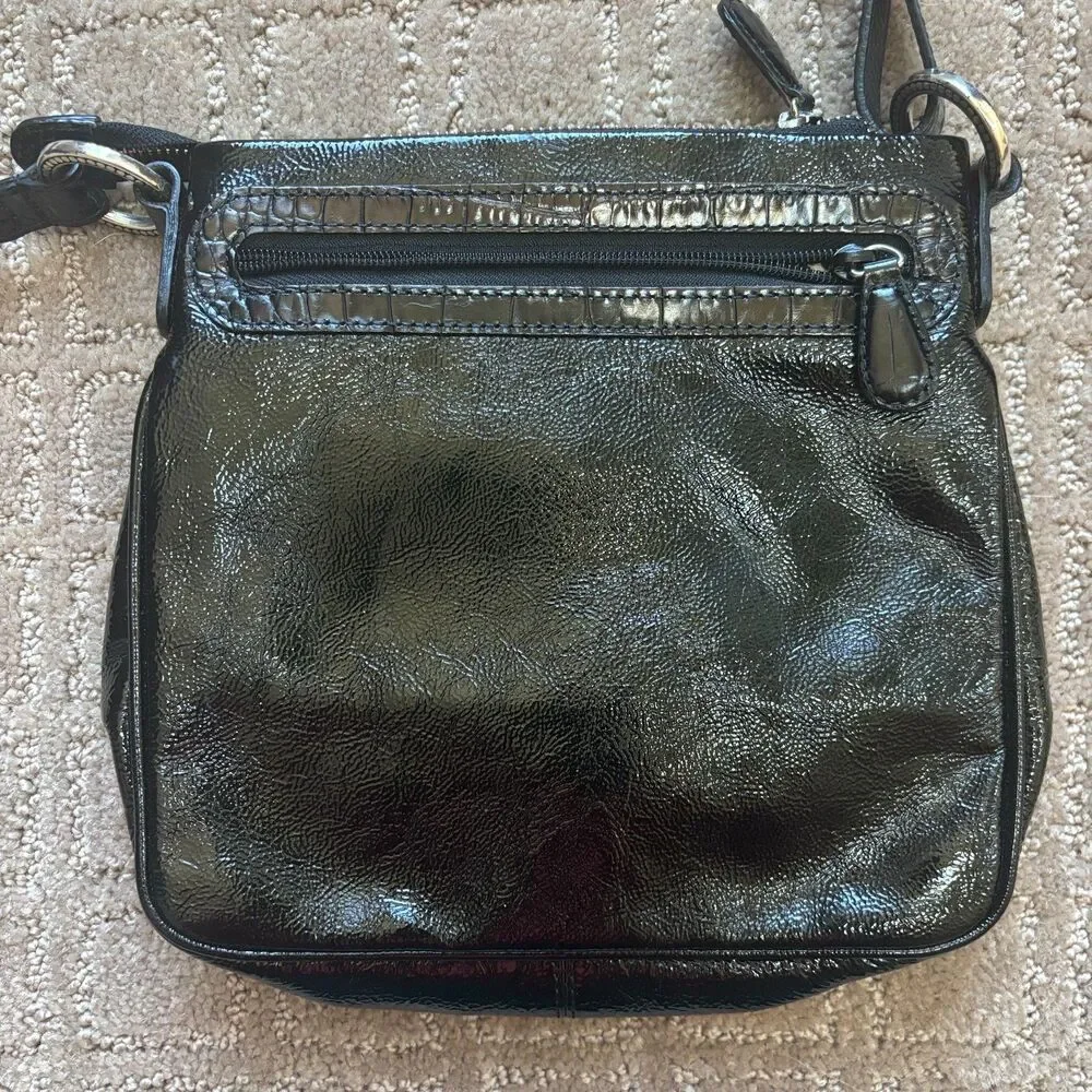 Brighton Bali Shine Patent Leather Crossbody Purse Black Organizer Zip Closure